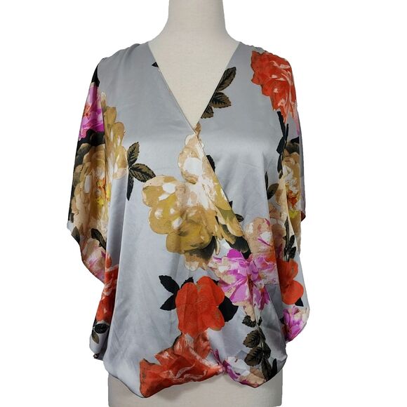 INC International Concepts Faux Wrap Top Sz Large Floral Surplice Kimono Sleeve - Picture 1 of 11
